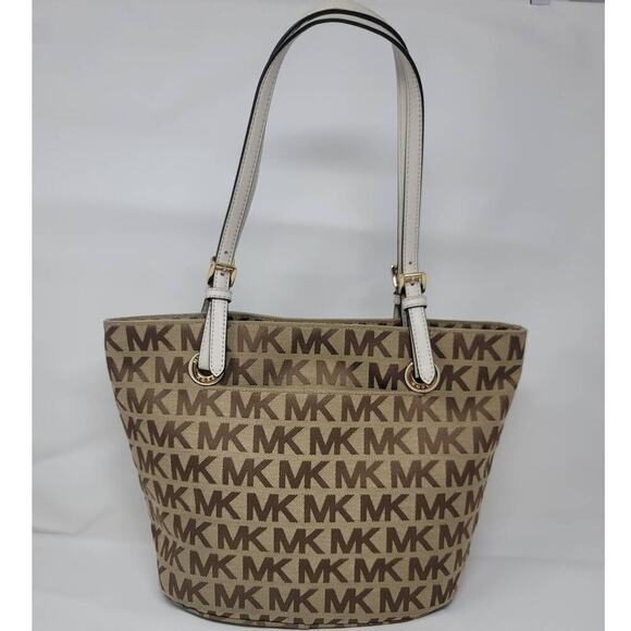 Michael Kors Signature Logo Large Canvas Tan Brown Shoulder Tote Bag Purse - Picture 2 of 8
